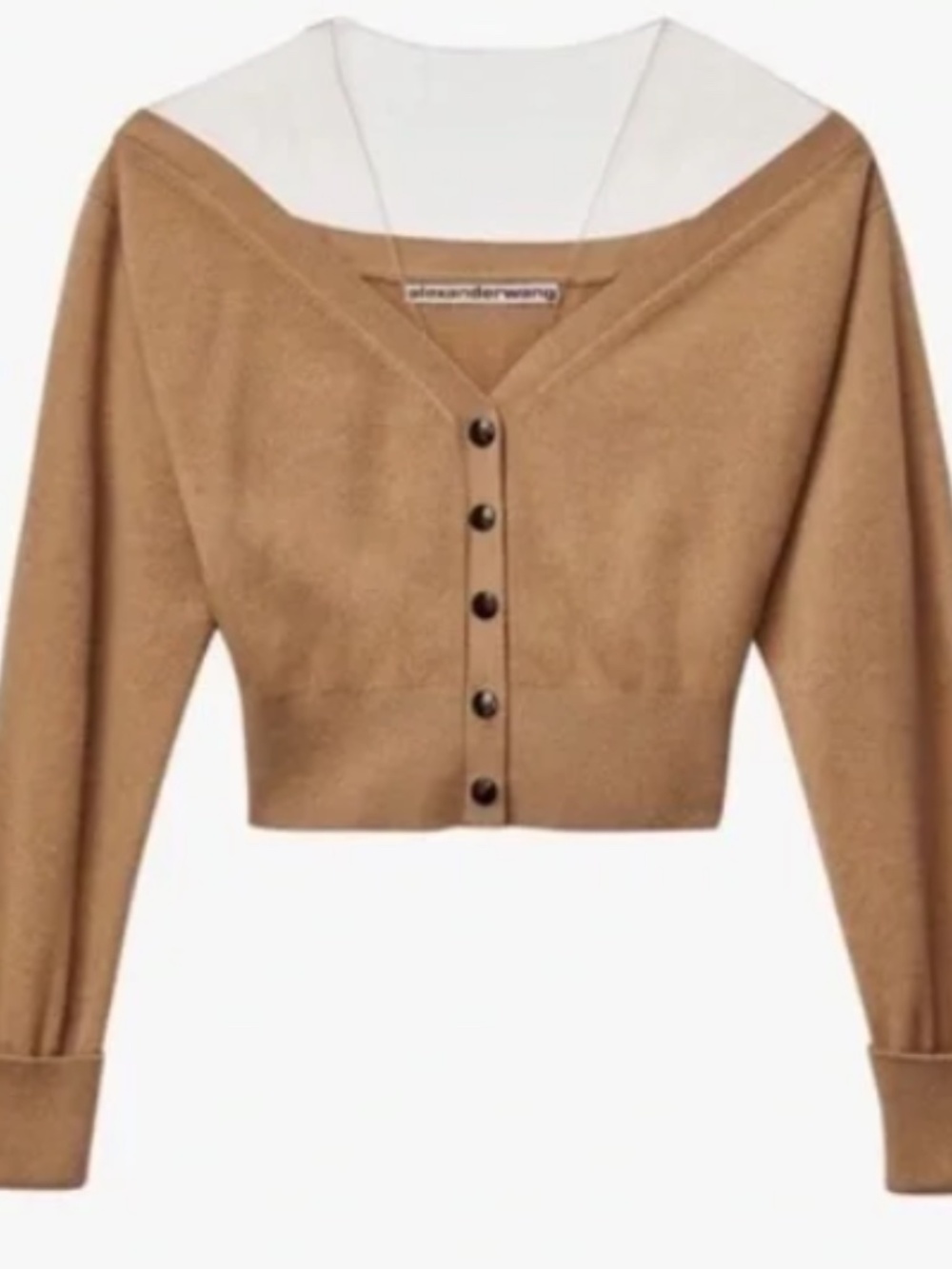 Alexander Wang camel Illusion Off-Shoulder Cropped Knit Sweater - Picture 3 of 10